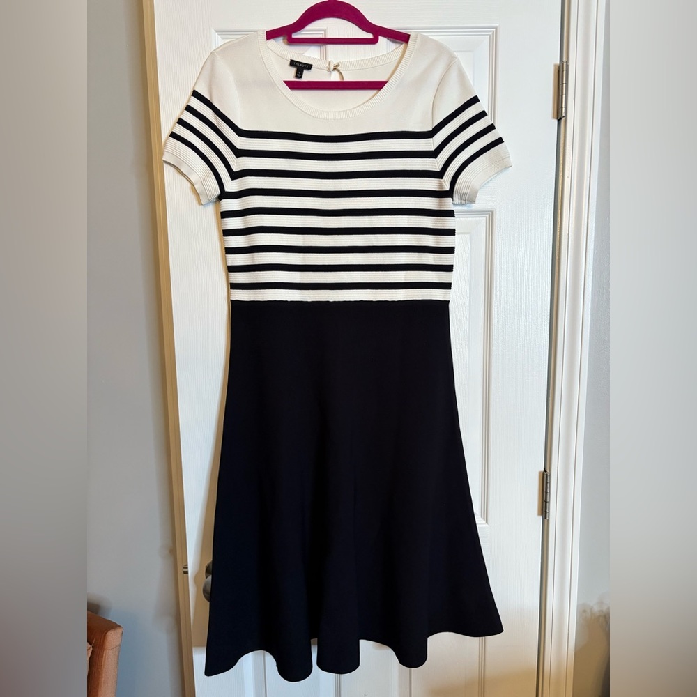 🌮NWOT Talbots Black & White Midi Stretch Knit Fit & Flare Dress, Large